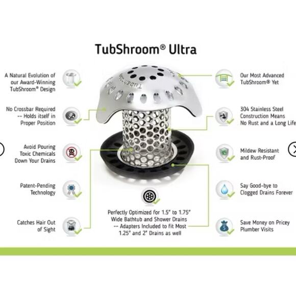 TubShroom Ultra Platinum Bundle Stainless Steel Hair Catcher & StopShroom Plug - Picture 3 of 8